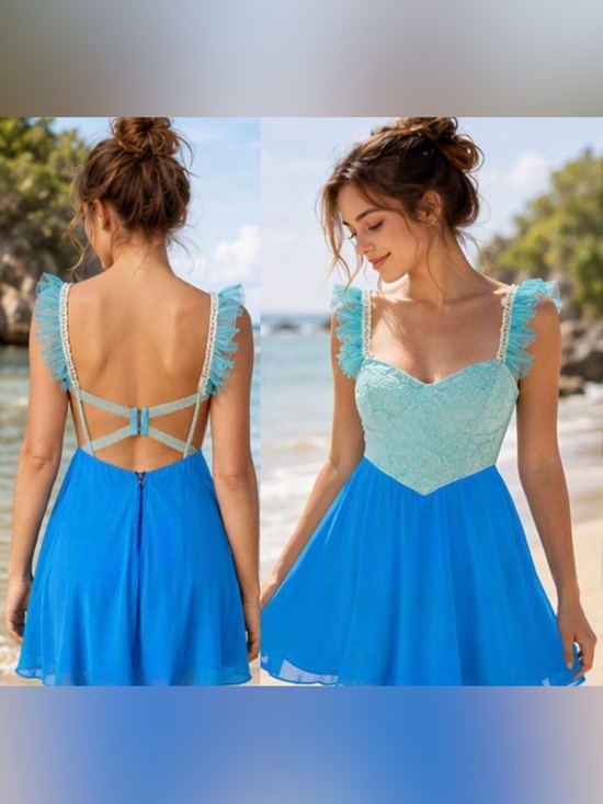 DreamDoll Dresses & Skirts - 🎀🍒 Blue Green Lace Colourblock Contrast A Line Dress 🍒🎀 Pearl Ruffle Trim Straps